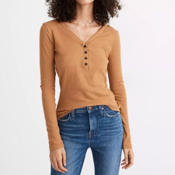 Madewell Tops - Madewell Fine Ribbed Henley Button Tee XXS Long Sleeve Neutral